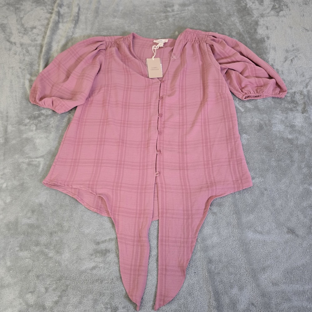 Como Vintage Shirt Womens Small Pink Top V-Neck Button/Tie Front Casual Normcore